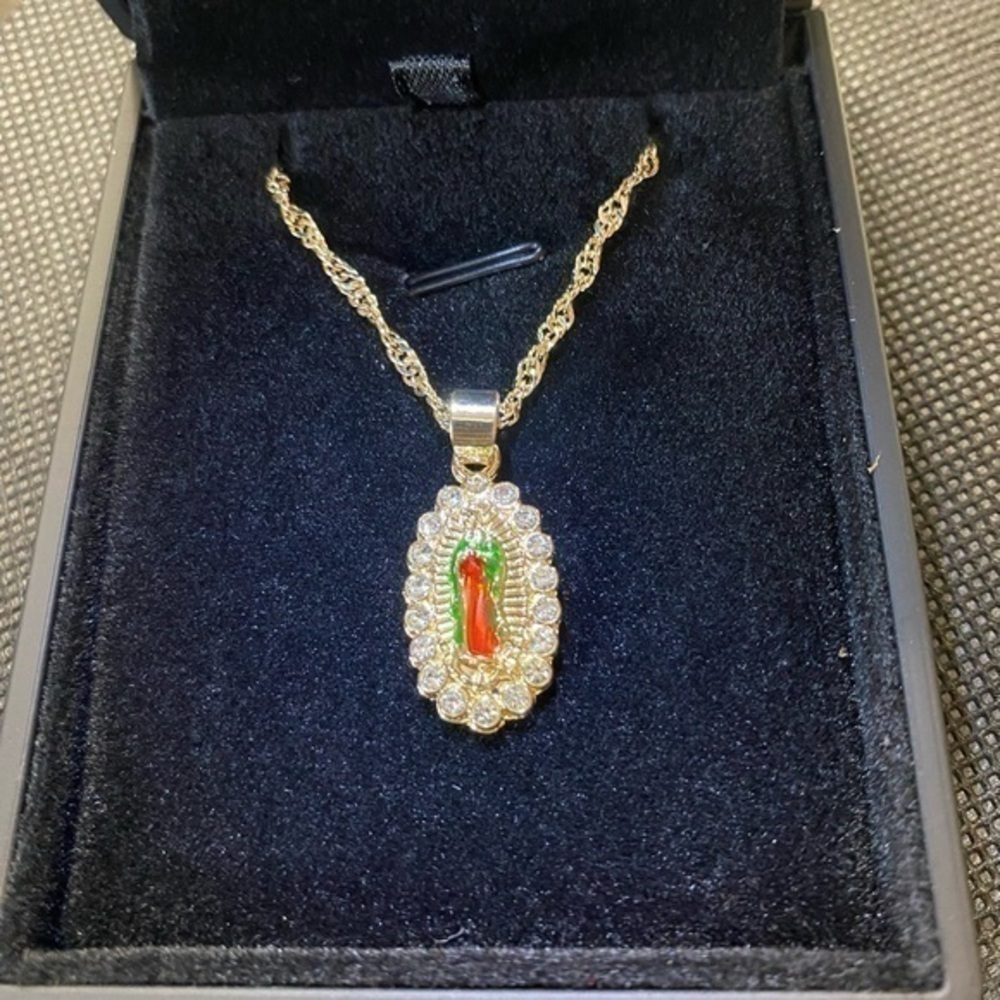 14K Gold Multicolor Virgin Mary Pendant Necklace